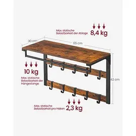 VASAGLE Wandgarderobe braun Holz 10 Haken 65,0 x 42,0 cm