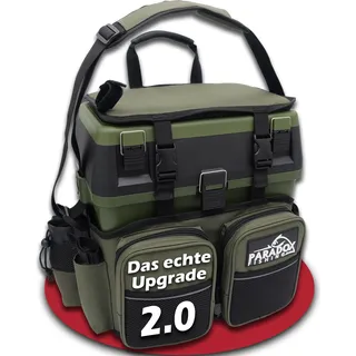 Paradox Fishing Multifunktions-Sitzkiepe I Angelrucksack I Angeltasche Angelkoffer mit Sitz Angelkoffer- viel Platz für Angelzubehör (schwarz/grün)