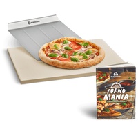 BURNHARD Pizzastein und Pizzaschaufel für Gasgrill & Holzkohlegrill aus Cordierit und Edelstahl für Brot, Flammkuchen & Pizza, rechteckig - 45 x 35 x 1,5 cm