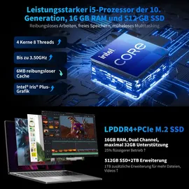 Blackview Laptop Acebook 12 Intel Core I5-1030NG7, 16 FHD, 16GB DDR4, 512GB SSD 2TB,Win11 Pro Notebook, 57Wh Mega Akku/ 67W Schnellladung, HDMI 2.0, Tastatur QWERTY, USB 3.0×2, Dual-Band 5G WiFi