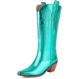 LIPIJIXI Metallic Cowboy Stiefel für Frauen Embroidered Western Stiefel Low Chunky Heel Pull On Cowgirl Stiefel Green Pointed Toe V-neck Knee Hohe Stiefel - 44 EU