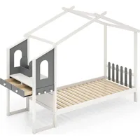 Costway Hausbett, mit Schreibtisch, 18 Lattenrost, Schubladen & Haken, Jugendbett für Kinder, weiß - Weiß/Grau