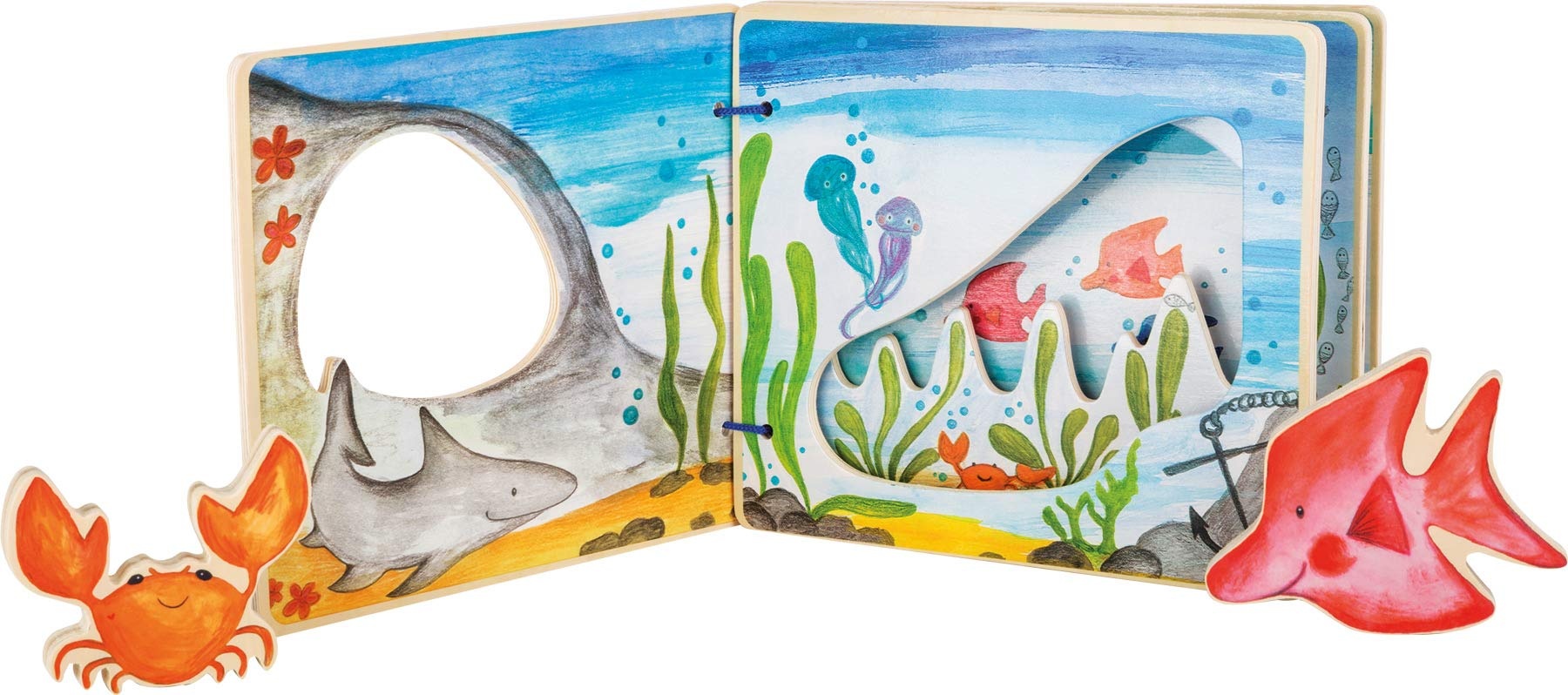 small foot Bilderbuch Unterwasserwelt, interaktives Buch aus Holz für Kinder, mit Krabbe und Fisch, ab 12 Monaten, 11290