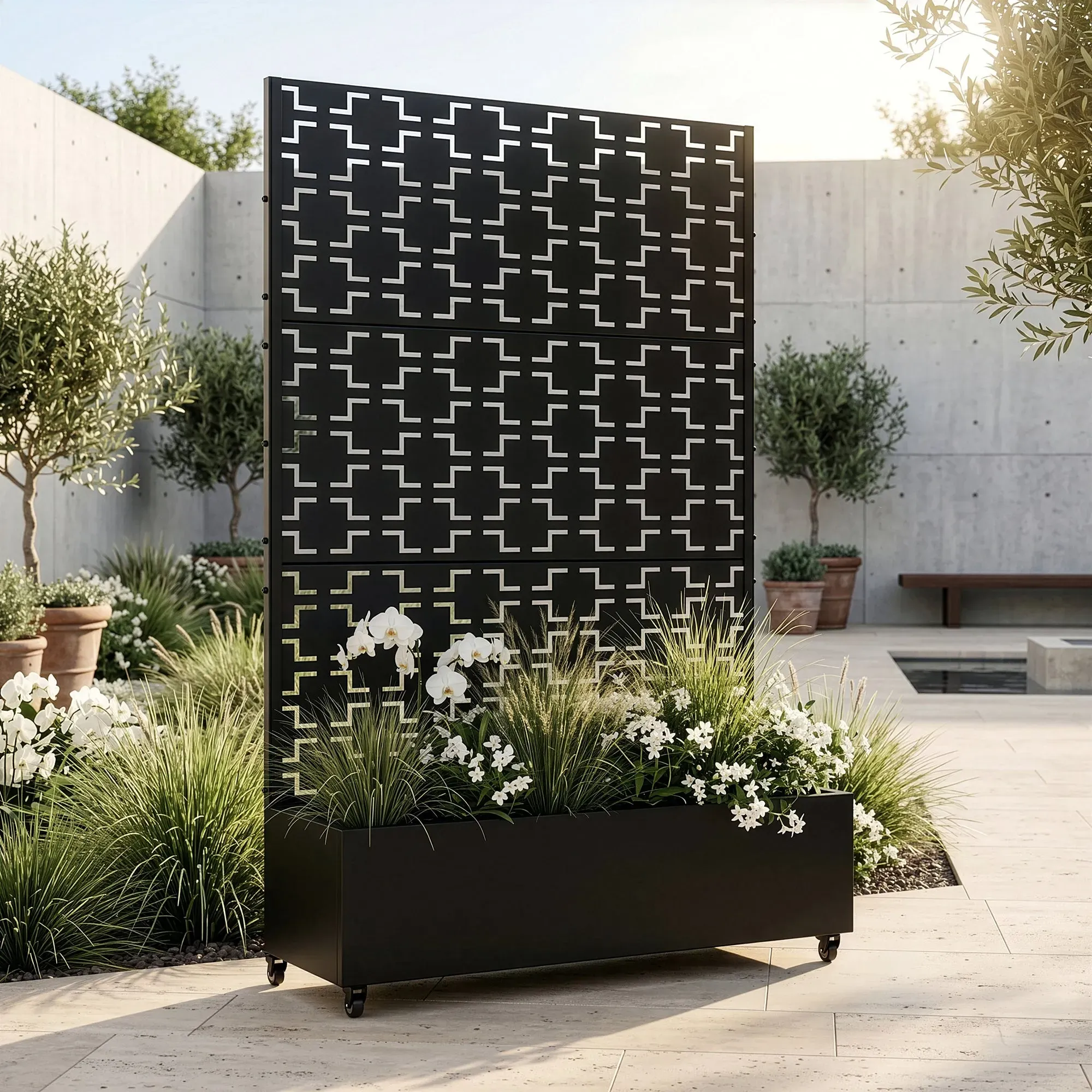 Trennwand Aaskis mit Blumenkasten Stahl 190x120 cm Schwarz [casa.pro]