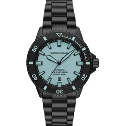 Automatikuhr EMPORIO ARMANI, schwarz, hellblau, Armbanduhren, Herren, Armbanduhr, Herrenuhr, Mechanische Uhr, Silikonarmband, analog, Tag
