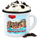 Emaille Tasse Blechtasse - Geschenk mit eigenem Foto und Text personalisiert I Eigenes Bild I Custom Photo Text - 300 ml - Weiß Schwarz - bildtasse fototasse selbst drucken pictures kaffeetasse