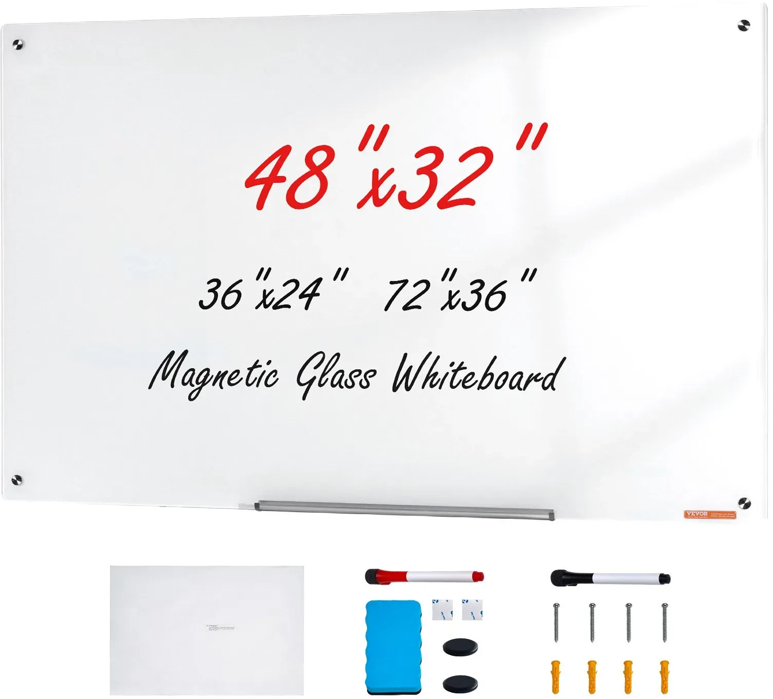 VEVOR Magnetisches Glas-Whiteboard, Wandtafel Trocken Abwischbare Tafel 120 x 80 cm, Wandmontiertes Weißes Glasboard ohne Rahmen, mit Stiftablage, einem Radiergummi& 2 Stiften, Magnettafel Weiß