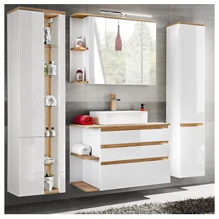 Lomadox Badmöbel Set in Hochglanz weiß mit Wotaneiche, Waschtisch-Unterschrank mit Keramik-Waschbecken, LED-Spiegelschrank & 2 Hochschränke