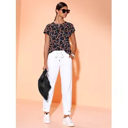 Print-Shirt CREATION L "Druck-Shirt", Damen, Gr. 52, schwarz (schwarz, papaya), 95% Viskose, 5% Elasthan, gemustert, mehrfarbig, bedruckt, Rundhals, Kurzarm, Shirts