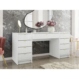 Mirjan24 Schreibtisch und Schminktisch Tireno Bis, Schlafzimmer Kosmetiktisch mit neun Schubladen, Goldfarben Aluminiumgriffe (Farbe: Weiß Velvet) - Weiß