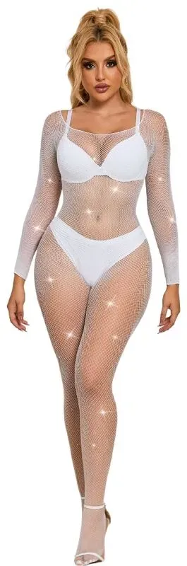 SUBBLIME  Netz-Bodystocking mit Strass und langen Ärmeln Weiß One Size