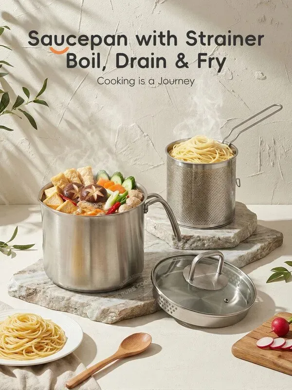 PURE COOK Edelstahl-Fritteusenserie | Edelstahl 304 | 2,8 l hoher Stieltopf mit Frittierkorb