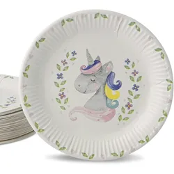 ECOFIESTA 8 Stück Einweg-Teller 23 cm Einhorn umweltfreundlich - Plastikfreie Party-Teller Kindergeburtstag - Papier-Teller Pappteller