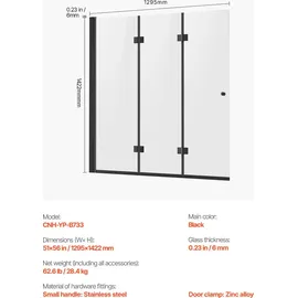 Vevor Badewannen Duschtür (1295 x 1422 mm / B x H) rahmenlose, klappbare Duschtür mit Scharnier, dreifach gefaltete Duschglastür mit 180° drehbares Design, für Badewanne, schwarz