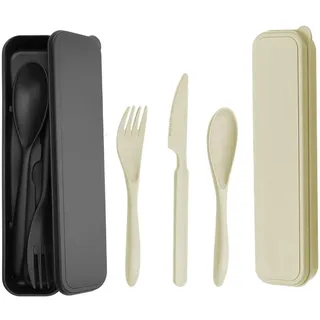 JINGIHE 2 Sets Large Reisebesteck mit Etui, Campingbesteck Set, Wiederverwendbar Outdoor Besteck,Unterwegs Plastik Besteck Messer Löffel Gabel für Lunchbox School Arbeit Picknick(Schwarz+Beige)