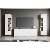 INOSIGN Wohnwand INOSIGN "KENIA", weiß (eiche sonoma, weiß hochglanz), B:270cm H:161cm T:34cm, Holzwerkstoff, Kastenmöbel-Sets, Wohnwand, Vitrinen mit Eckverglasung, hängend und stehend montierbar, Topseller