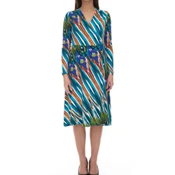 Aniston CASUAL Damen Midi-Kleid bunt gemustertes Wickel-Kleid Langarm 75955239 Blau/Bunt - 36