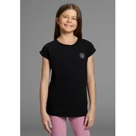 H.I.S. T-Shirt H.I.S "2er Packung Shirts mit modischen Bund für Mädchen", Mädchen, Gr. 140/146, schwarz (schwarz, rosa), Jersey, Obermaterial: 95% Baumwolle, 5% Elasthan, bedruckt, Basic hüftlang, Rundhals, angeschnitten Aufschlag, Shirts T-Shirt, Für TEENS.