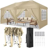 TOOLUCK Pavillon 3x6 Faltpavillon Wasserdicht Stabil Winterfest Faltbar Partyzelt mit 6 Seitenteilen Pop up Gartenpavillon UV Schutz 50+ Höhenverstellbar für Strand Hochzeit Camping, Khaki