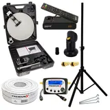 PremiumX Camping Satelliten Anlage Satellitenschüssel HD TV Receiver SAT-Finder Single LNB 10m Kabel im Koffer Stativ