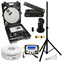 PremiumX Camping Satelliten Anlage Satellitenschüssel HD TV Receiver SAT-Finder Single LNB 10m Kabel im Koffer Stativ