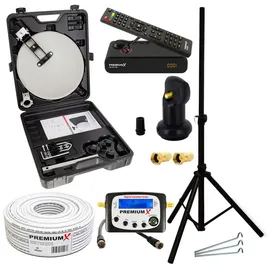 PremiumX Camping Satelliten Anlage Satellitenschüssel HD TV Receiver SAT-Finder Single LNB 10m Kabel im Koffer Stativ