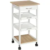 Homcom Servierwagen Küchenwagen mit Rollen 2 Tabletts, Schublade, Regal helle Eiche Kiefernholz Weiß