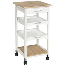 Homcom Servierwagen Küchenwagen mit Rollen 2 Tabletts, Schublade, Regal helle Eiche Kiefernholz Weiß