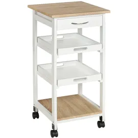 Homcom Servierwagen Küchenwagen mit Rollen 2 Tabletts, Schublade, Regal helle Eiche Kiefernholz Weiß