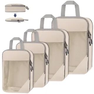 WUFANC 4 Stück Packwürfel Kompression, Kofferorganizer Packtaschen Set Leicht Zu Verstauende, Atmungsaktiv Sichtbar Netzstoff Koffer Organizer Set, Langlebig Mesh Travel Organizer (Beige)