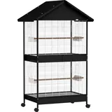 PawHut Vogelvoliere Groß Vogelkäfig mit Abnehmbar Trennwand 2 Türen 2 Holzstangen Rollen 2 Schalen 4 Futterspendern Vogelhaus XXL Vogelbauer für Wellensittiche Nymphensittiche Kanarien 94 x 70 x 158cm   Aosom