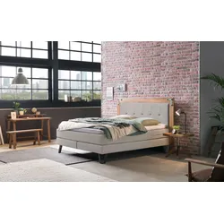 Boxspringbett HASENA "Oakland", grau (grau, metall used), B:204cm L:206cm, Komplettbetten, Boxspringbett, Boxspringbett, Industrial Look, Kopfteil aus Wildeiche, Used-Look
