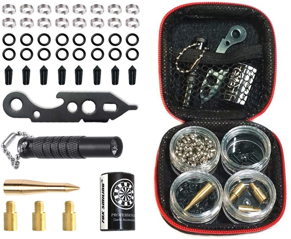 FOX SMILING Dart Tool Kit, 145PCS, with Steel Rubber O Ring, Stone Sharpener Dart Repair Accessories Set Flight Protector and Weight Add A Grams,Small Packaging Easy Carrying (145 Stücke)