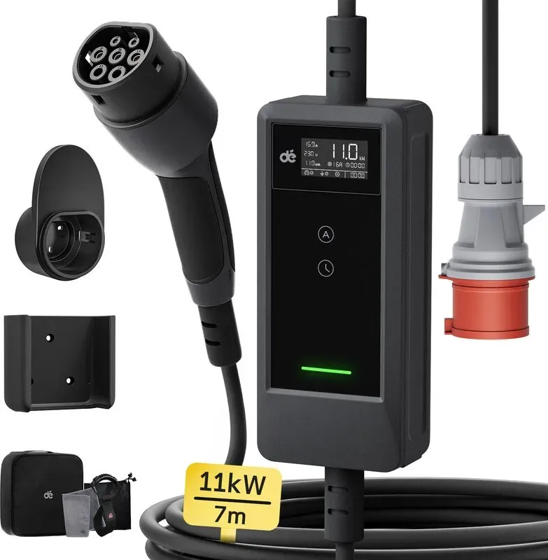 dé Mobile Wallbox 11kW mit App Einstellbarer Ladeleistung 7m CEE 16A auf Typ 2 Ladekabel mit Adapter EV Ladegerät für Model Y, Model 3, ID.3/4/5, MG4, EX30, e-up, e-tron und BEV/PHEV