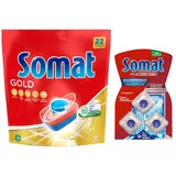 SOMAT Tabs 22 AW Gold, Geschirrspül Tabs für strahlend sauberes Geschirr auch bei niedrigen Temperaturen, gegen Eingetrocknetes + Somat Duo Power Experten 3 AW Maschinenreiniger 57g