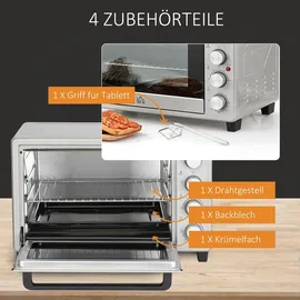 Homcom Minibackofen 32L 1600W Elektrischer Mini Ofen mit Schlackenauffangwanne Metall Edelstahl Glas Silber 52,2 x 38,1 x 33,5 cm