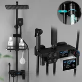vrietina Duschsystem Schwarz mit Temperatur LED-Display, 30 X 19 CM Kopfbrause, Duscharmatur mit 3 Funktion Handbrause, Edelstahl Duschset 86-120 cm verstellbare Duschstange