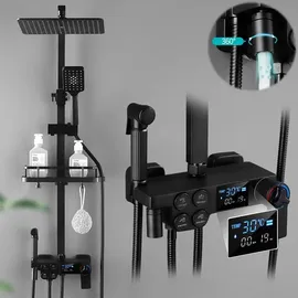 vrietina Duschsystem Schwarz mit Temperatur LED-Display, 30 X 19 CM Kopfbrause, Duscharmatur mit 3 Funktion Handbrause, Edelstahl Duschset 86-120 cm verstellbare Duschstange
