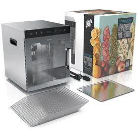 Arendo Dörrautomat Edelstahl, Temperaturregler 30° bis 90°C, Dörrgerät, Dehydrator, 800 W, 10 Etagen, Obst, Fisch, Fleisch, Timer 0,5-24 Stunden - Silber