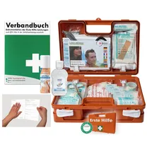 HM Arbeitsmedizin Verbandskoffer/Verbandskasten (K) Typ CS - Erste Hilfe nach aktueller DIN 13157 für Betriebe -DSGVO- INKL. PERFORIERTEM VERBANDBUCH + Hygiene-Gel & Sprühpflaster