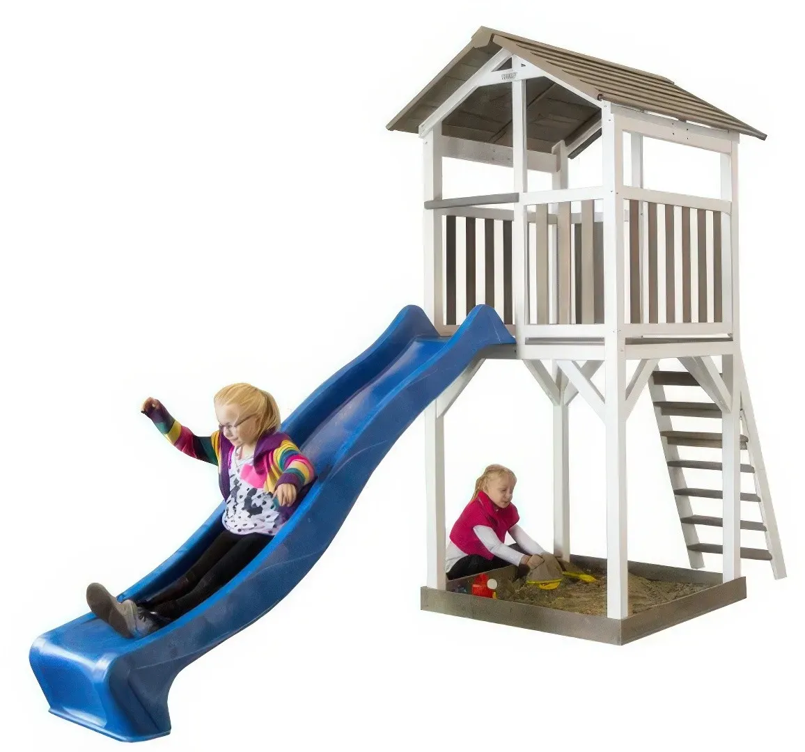 Holzhaus Kinder Jack - Stelzenhaus in den Farben Braun / Weiß / Grau - Stelzen Spielhaus aus Zedernholz für den Garten