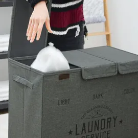 Dune Design Wäschekorb 3 Fächer - 84L Wäschesammler Anthrazit mit Deckel - Wäsche Organizer