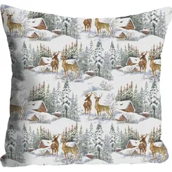 Dekokissen QUEENCE "Fabian", braun (braun, weiß, bedruckt), B:40cm L:40cm, Polyester, Dekokissen_Sitzkissen_Kissenhüllen, Kissenhülle,Winterlandschaft,Rehe,Schnee,Winterlich,Festlich,Natur