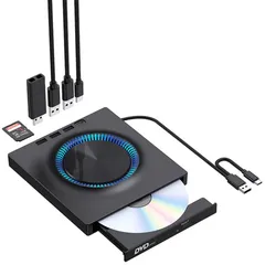 AIORBER Externer Blu-ray CD DVD Brenner, Tragbar Ultra Slim Brenner, 3x USB-Hub, USB 3.0/Typ-C, Kartenleser, für Windows/Mac, für Musik/Film/Backup