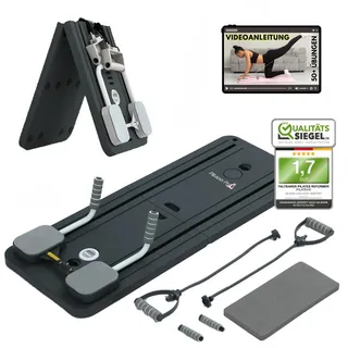 Pilatexx Pro – Faltbarer Pilates Reformer & Hometrainer – über 50 Übungen mit Videoanleitung – inkl. Timer, Widerstandsbänder, Griffe & Knieschoner – Ganzkörpertraining (Anthrazit)