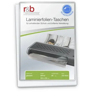 r&b FT-A3-80S Laminierfolien A3, 303 x 426 mm, 2 x 80 mic mit selbstklebend Rückseite, 100 Stück, glänzend