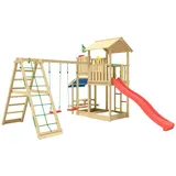Jungle Gym Spielturm JUNGLE GYM "Veranda", rot, Spieltürme, KinderB:454cm H:310cm T:437cm, Holz, Spielanlage mit Schaukel, Kletterbock und Rutsche mit Wasseranschluss, B:454cm H:310cm T:437cm