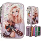 TopModel Depesche 13664 TOPModel Cowgirl - Gefüllte 3-Fach Federtasche in Lila, mit Model Motiv und Blumen-Muster, Federmappe mit Buntstiften, Schere, Lineal UVM.