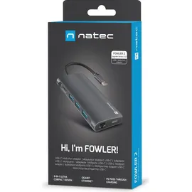NATEC USB-C Hub Natec NMP-2162, 100 W, Ethernet SD/MicroSD Grau
