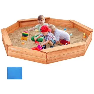 Vevor Holzsandkasten mit Abdeckung, achteckiger Sandkasten, Sandgrube mit 4 Sitzplätzen & Bodenauskleidung, Kindersandkasten für den Garten, Geschenk für Jungen & Mädchen im Alter von 3–12 Jahren